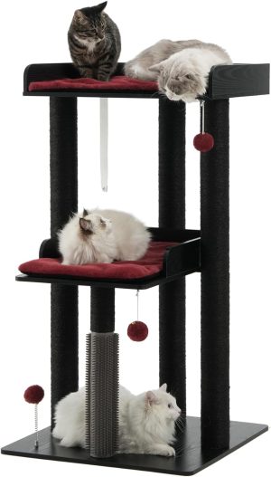 43.7" Cat Tree, Modern Cat Tree Tower, Cat Tower for Indoor Cats Large Adult, Cat Condo with Scratching Post, Large Perch and Removable Pads, Black&Red