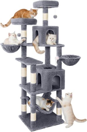 Cat Tree, 70 Inch Tall Cat Tower for Indoor Cats, Multi-Level Cat Tree with Scratching Post, Hammock, Hanging Basket, Large Cat Condos for Adult Cats Kittens, Grey,