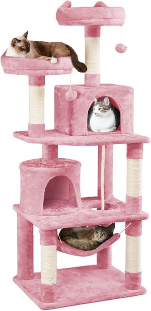 62.5inches Cat Tree Cat Tower Cat Condo with Platform & Hammock, Scratching Posts for Kittens Pet Play House with Plush Perch for Indoor Activity Relaxing, Pink
