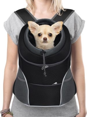 Dog Front Carrier Backpack, Adjustable Breathable Pet Carrier for Small Dogs Cats, Ventilated Puppy Back Pack with Safety Belt, Lightweight Doggy Backpack for Hiking Outdoor (Black, L)
